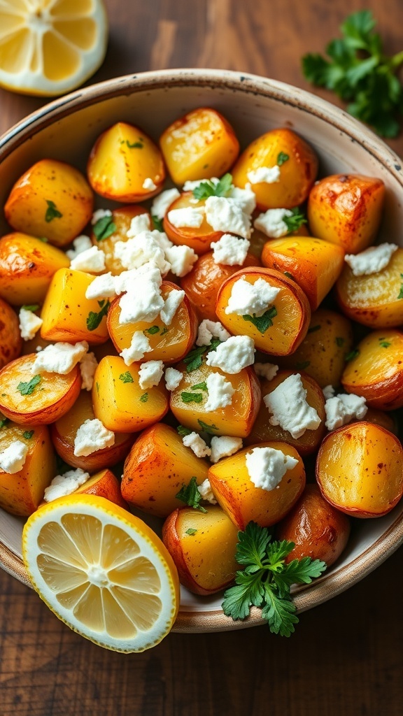 Lemon Feta Roasted Potatoes Recipe Roasted baby potatoes topped with feta cheese and parsley, served in a rustic bowl with lemon slices.